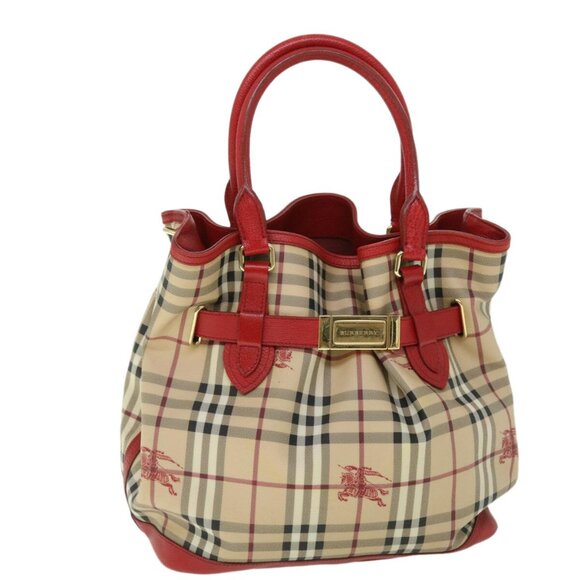 BURBERRY Nova Check Tote Bag PVC Leather Beige Red Auth yk8482 - Picture 1 of 16